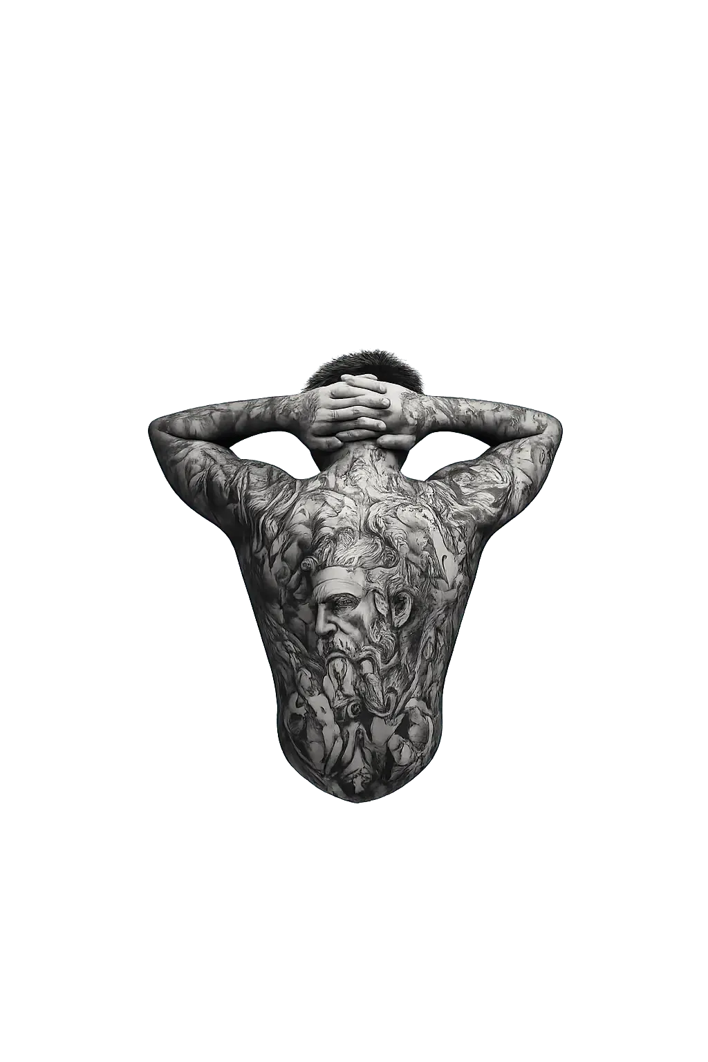 Imagem demonstrativa a preto e branco: costas tatuadas, com as mãos atrás da cabeça. Imagem do template, não é um trabalho do artista.